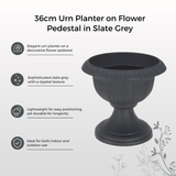 Koop Large 36cm Urn Planter on Flower Pedestal, Grey Rippled Plastic Plant Pot