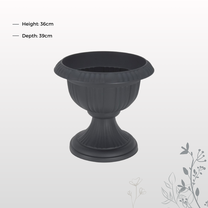 Koop Large 36cm Urn Planter on Flower Pedestal, Grey Rippled Plastic Plant Pot