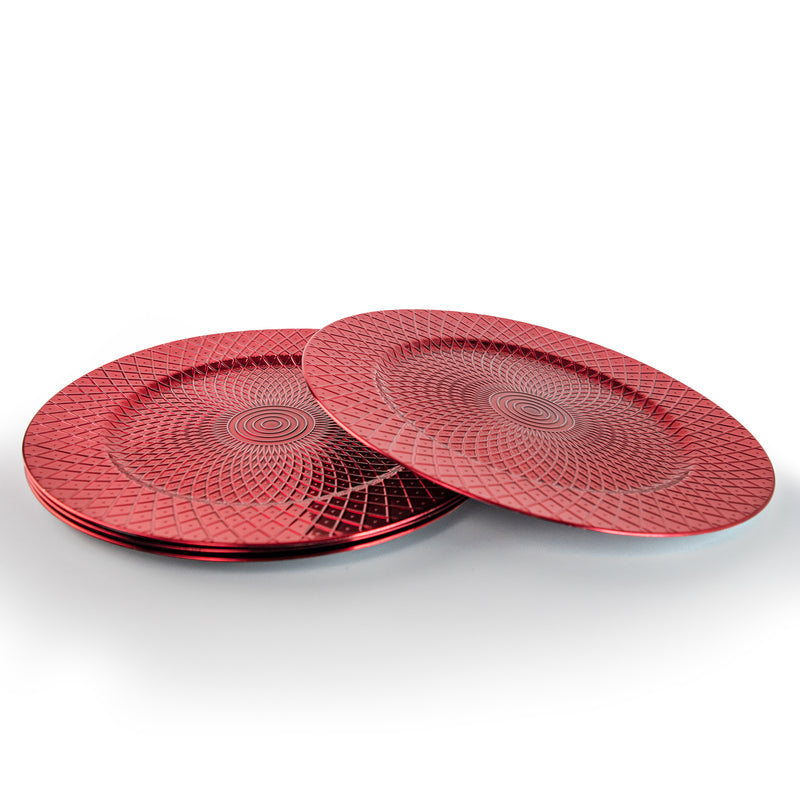 Geri Set of 4/6 33cm Red Charger Plates With Stylish Geometric Design