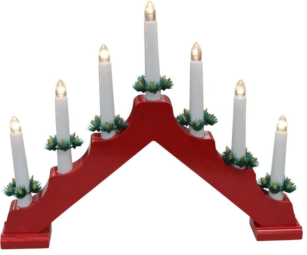 Red Wooden Candle Bridge 7 LED Flameless Christmas Candles Xmas Window Décor