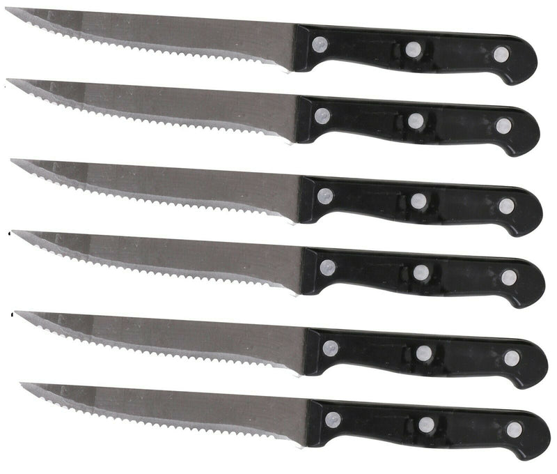 Set of 6 Steak Knives Black Handles Serrated Blade Steak Knife