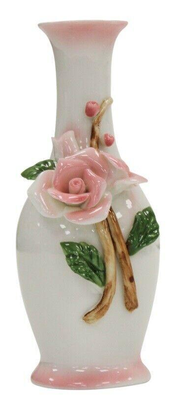 14cm Ceramic Bud Vase White & Pink 3D Flower Design Thin Bottle Neck Ornament