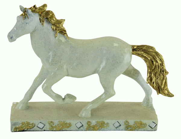 White Gold Horse Sculpture On Platform Detailed Resin Animal Figurine Home Decor