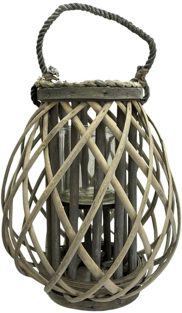 Wooden Cage Lantern Pillar Candle Holder 30cm Rustic Lantern Rope Handle