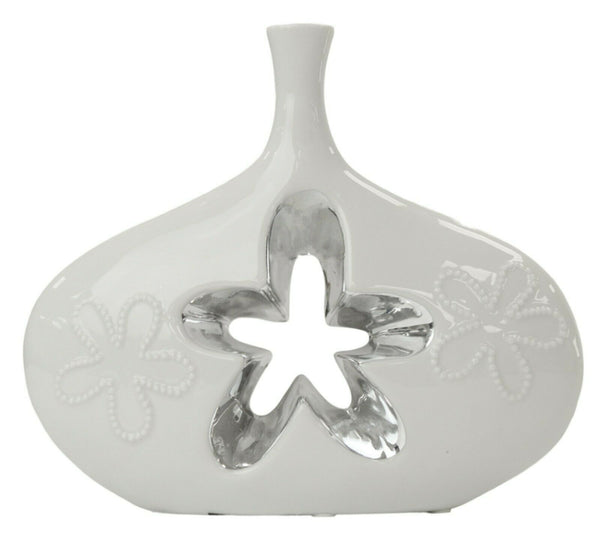 Wide Ceramic White And Silver Unique Decorative Vase With Flower Cut Out Design