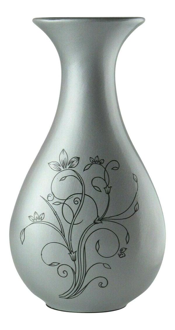 Grey Ceramic Vase 29cm Floral Design Ornament Wide Mouth Decorative Flower Vase