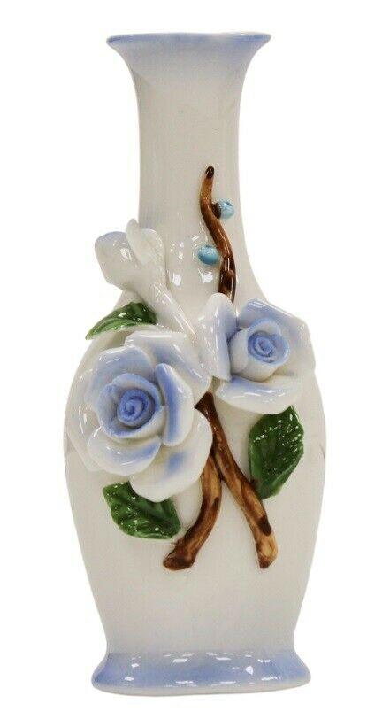 14cm Ceramic Bud Vase - White & Blue 3D Flower Design Thin Bottle Neck Ornament