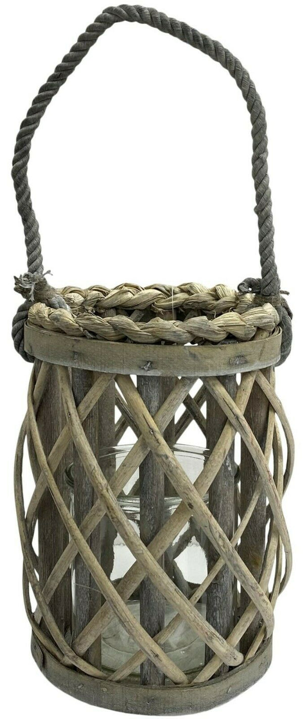 Wooden Cage Lantern Pillar Candle Holder 20cm Rustic Lantern Rope Handle