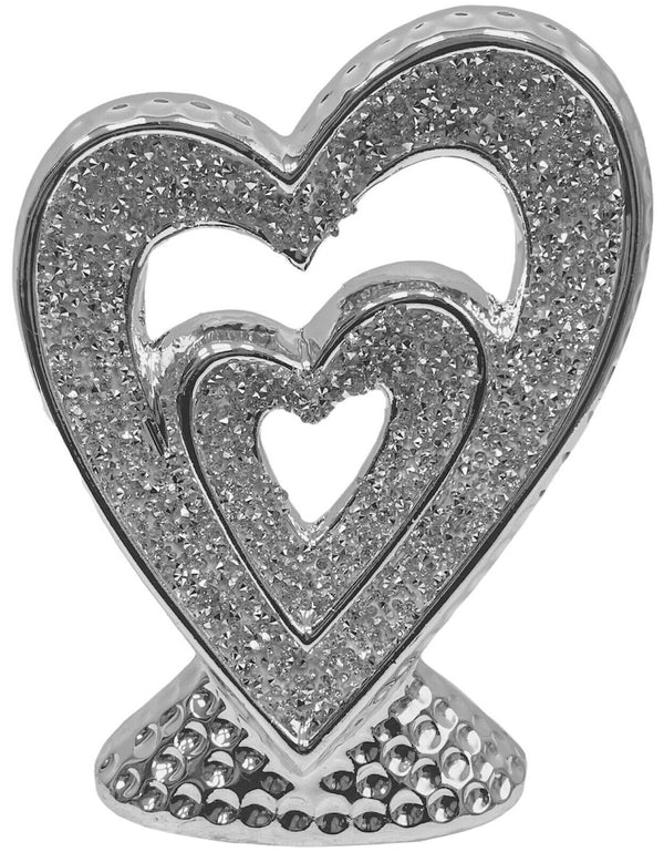 Silver Sparkle Heart Sculpture Crush Diamond Detail Elegant Bling Shelf Ornament