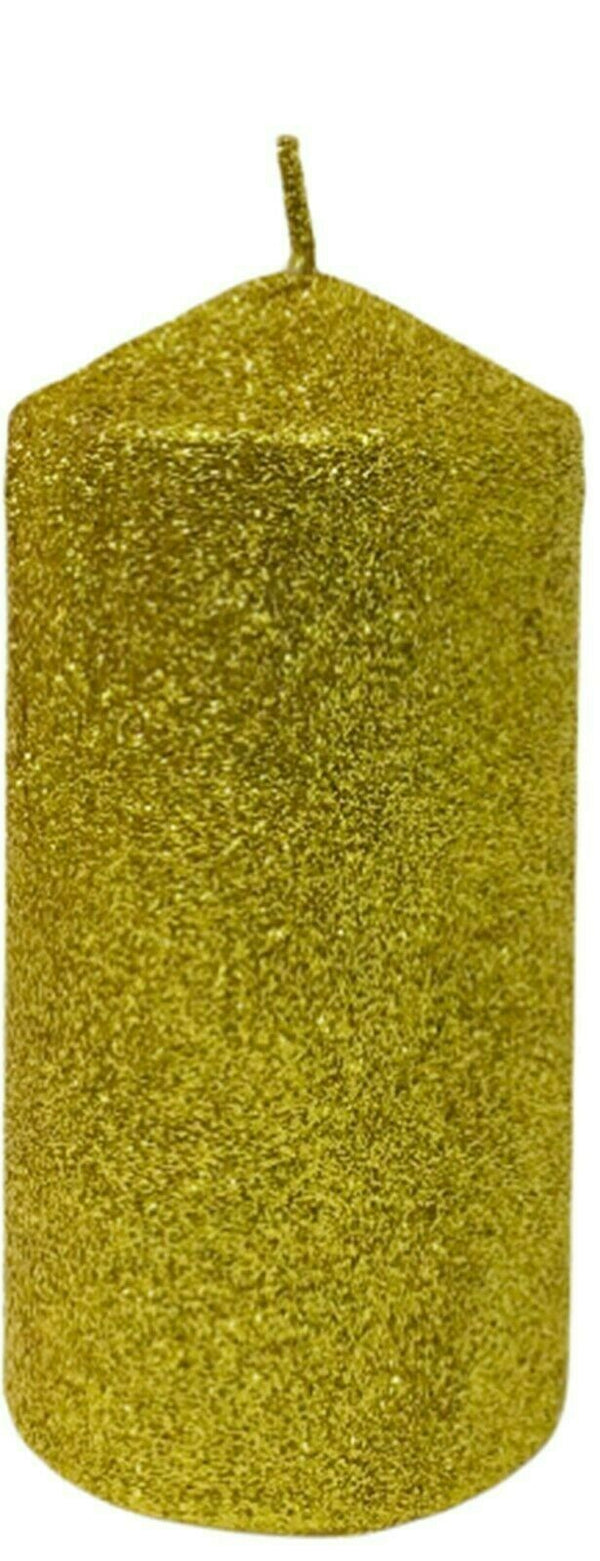 Set Of 6 Pillar Candles 37 Hour Gold Glittery Cylinder Wax Xmas Pilar Candles