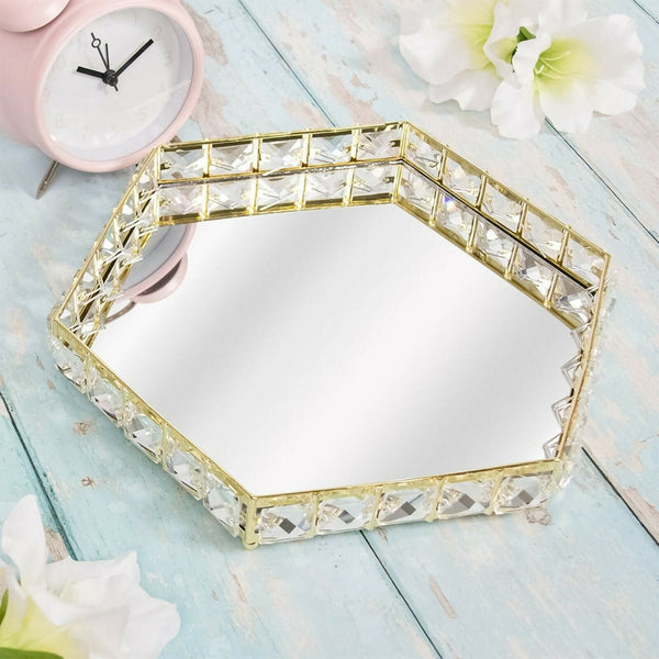 27cm Mirrored Display Tray Crystal Jewelled Hexagon Design Gold Serving Tray