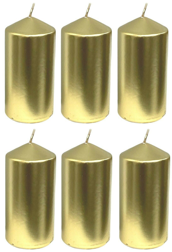 Set Of 6 Pillar Candles 37 Hour Metallic Gold Cylinder Wax Xmas Pilar Candles