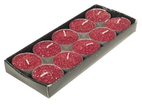 Pack Of 10 Tealight Candles 4 Hour Red Glittery Wax Tea Light Christmas Candles