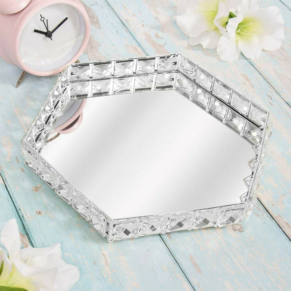 27cm Mirrored Display Tray Crystal Jewelled Hexagon Design Silver Serving Tray