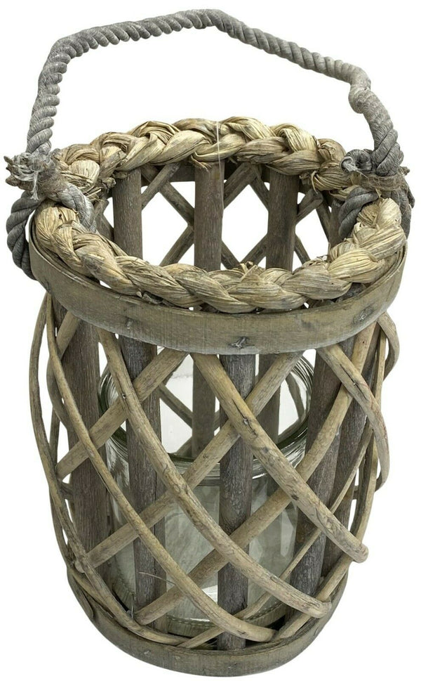 Wooden Cage Lantern Pillar Candle Holder 20cm Rustic Lantern Rope Handle