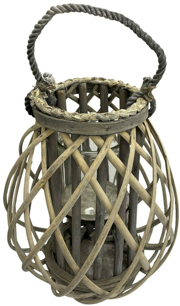 Wooden Cage Lantern Pillar Candle Holder 30cm Rustic Lantern Rope Handle