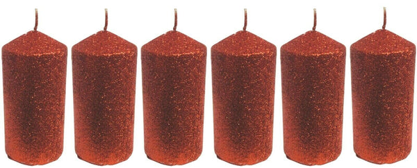 Set Of 6 Pillar Candles 37 Hour Red Glittery Cylinder Wax Xmas Pilar Candles