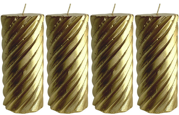Set Of 4 Gold Pillar Candles 45 Hr Cylinder Spiral Design Wax Candle Xmas Gift
