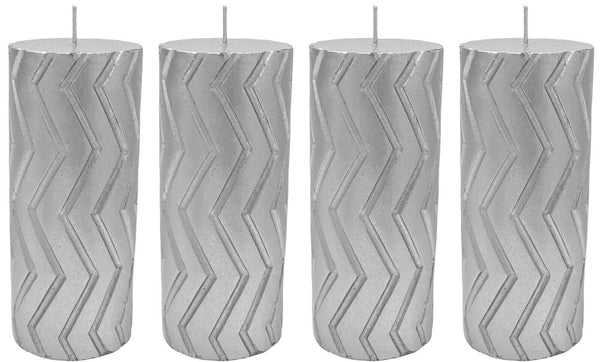 Set x4 Silver Pillar Candles 45 Hr Cylinder Zig Zag Design Wax Candle Xmas Gift