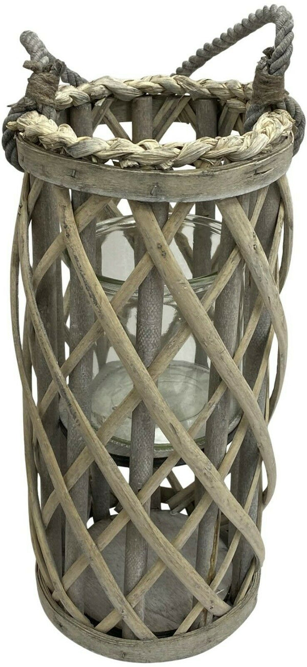 Wooden Cage Lantern Pillar Candle Holder 30cm Rustic Lantern Rope Handle