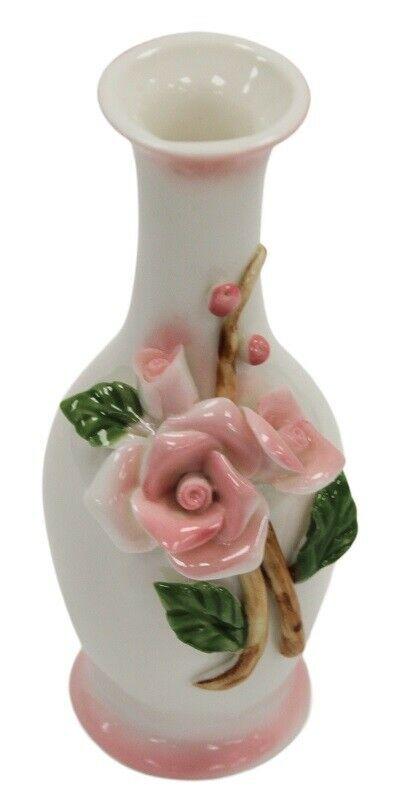 14cm Ceramic Bud Vase White & Pink 3D Flower Design Thin Bottle Neck Ornament