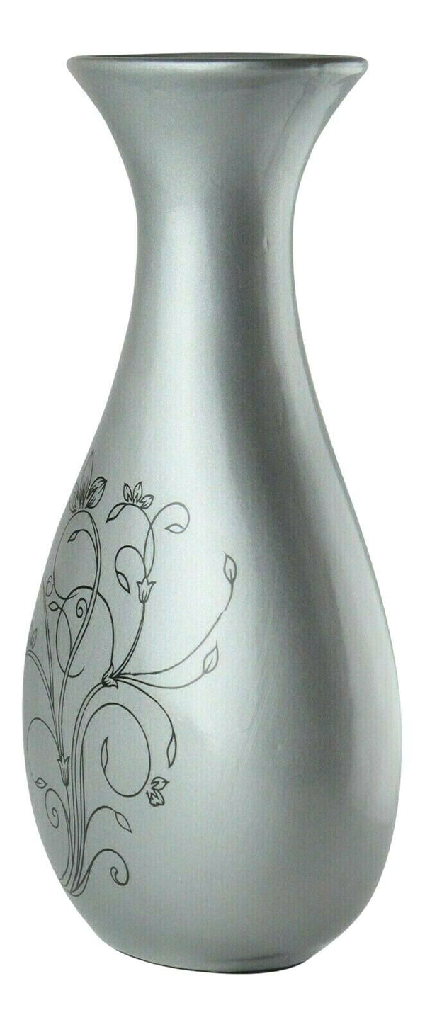 Grey Ceramic Vase 29cm Floral Design Ornament Wide Mouth Decorative Flower Vase