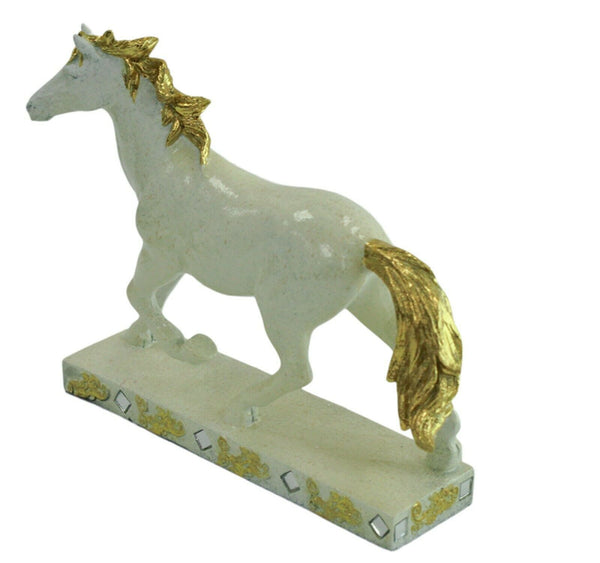 White Gold Horse Sculpture On Platform Detailed Resin Animal Figurine Home Decor