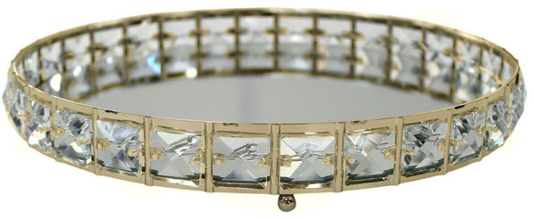 26cm Round Gold Crystal Mirrored Display Tray Jewelled Design Glass Serving Tray