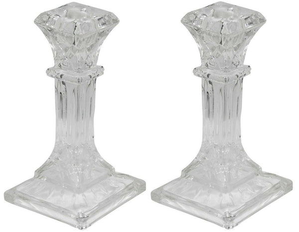 16cm Tall Square Glass Candlesticks Set of 2 Pillar Shaped Design Candle Stick