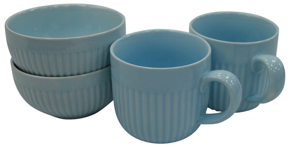 Set of 4 Blue Rippled Porcelain Mugs & Bowls Set 2 Large Mugs & 2 Soup Bowls