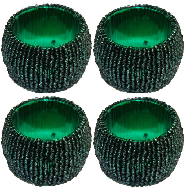 Set of 4 Dark Green Napkin Rings With Beads Serviette Rings Generous Size