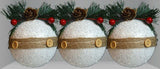 Set of 3 Rustic Large Baubles White & Glitter With Berries