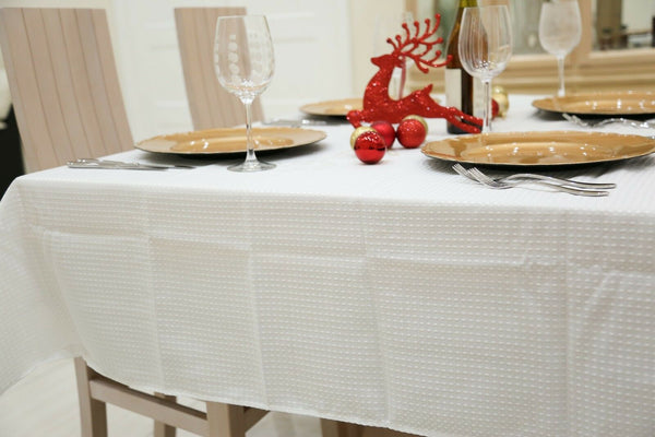 White On White Polka Dots Tablecloth Machine Wash Table Cloth 180cm x 130cm (6ft)
