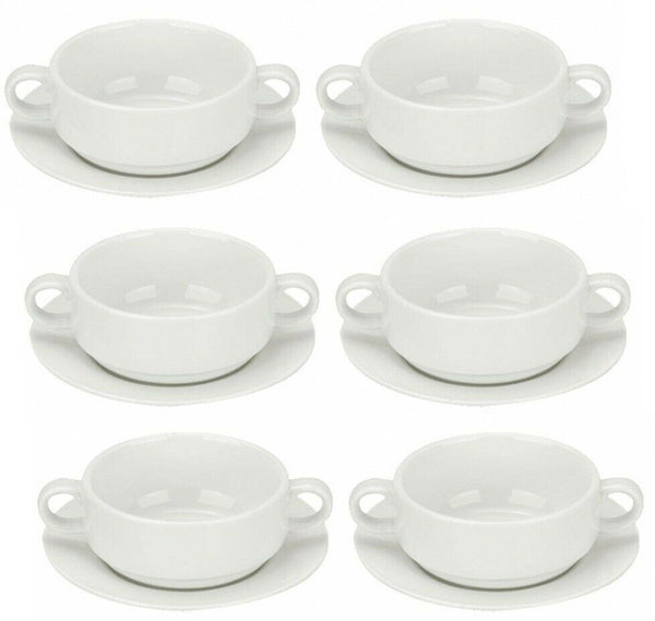 Porcelain Soup Bowls Set x 6 White Orion Catering Bowls with Handles or Saucers