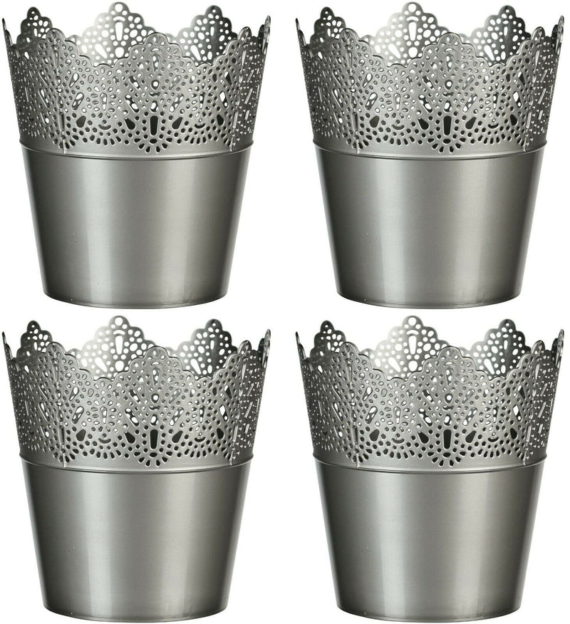 Set of 4 Silver Plastic Flower Plant Pot 14cm Medium Planter Frilled Lace Effect