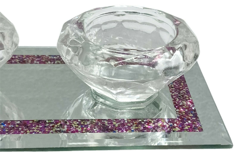 Triple Tealight Candle Holder Glass Mirrored Tealight Holder Glitter Detail 25cm