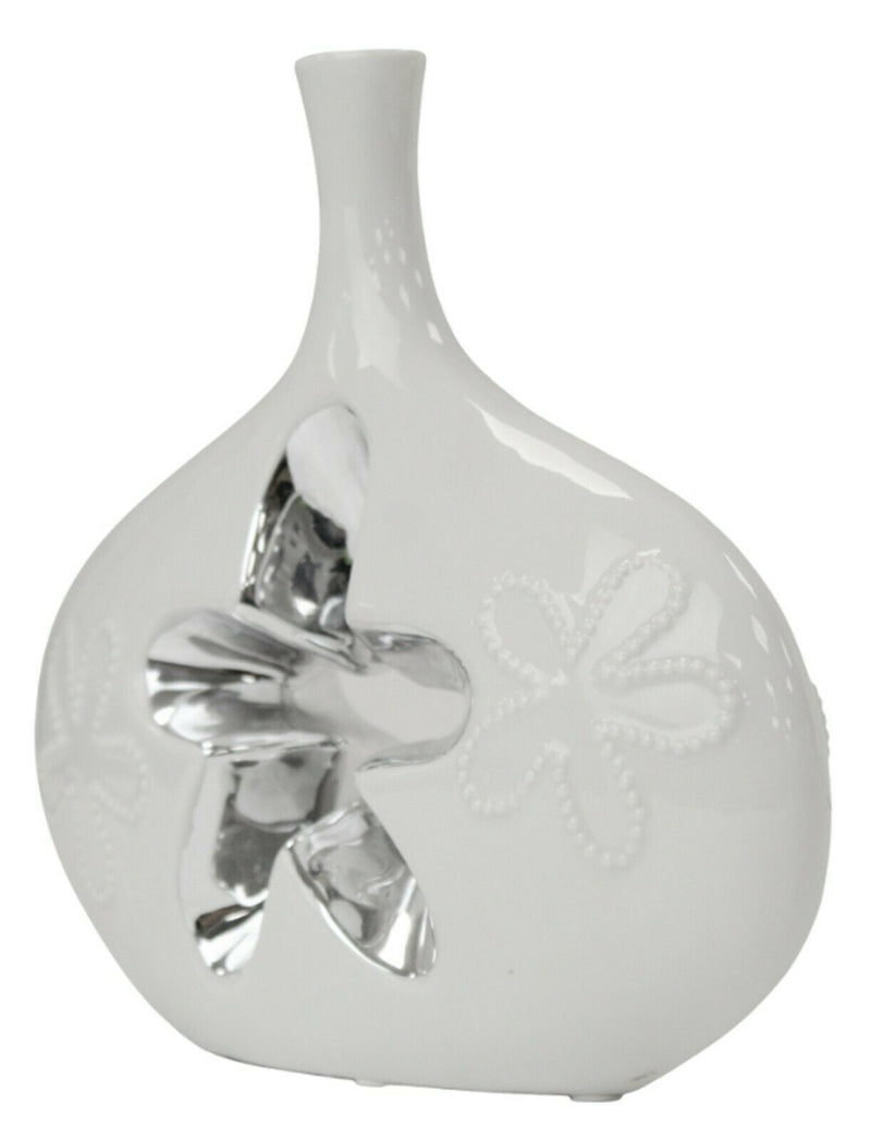 Wide Ceramic White And Silver Unique Decorative Vase With Flower Cut Out Design