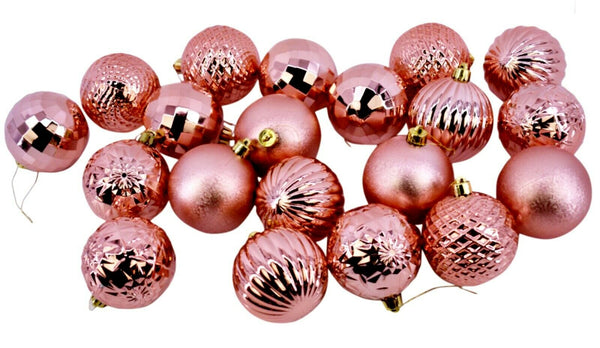 Rose Gold Bauble Bulk Pack Christmas Decoration Assorted Pattern Shiny Matt 7cm