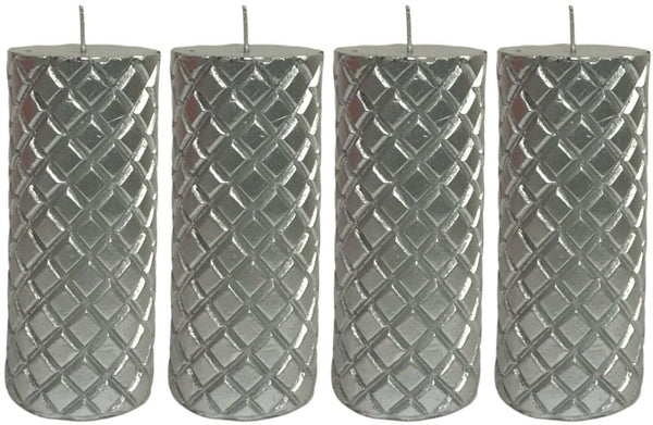 Set of 4 Silver Pilar Candles 45 Hr Cylinder Diamond Design Wax Candle Xmas Gift