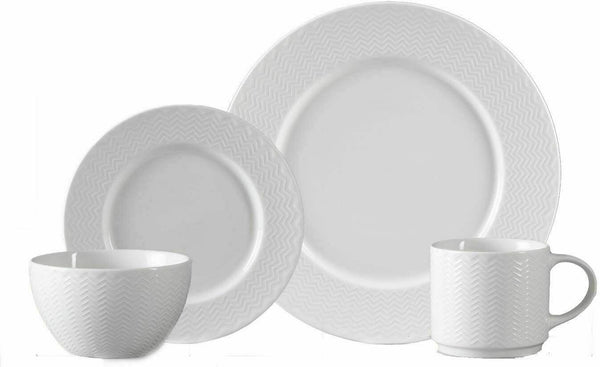 16 Piece Ceramic Dinner Set White Plates Bowls Mugs Rippled Dinnerware Set