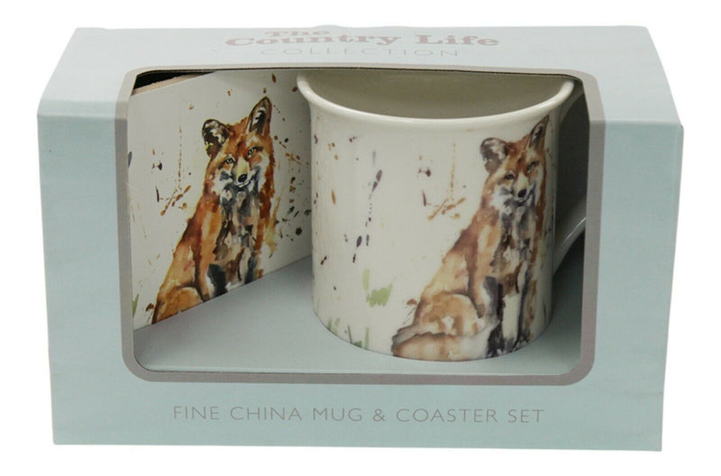 Set Of 4 Leonardo Fine China Large Mugs & Coaster Gift Set Country Fox Theme