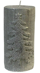 Set x 4 Christmas Tree Silver Pillar Candle 45 Hr Cylinder Textured Wax Candle