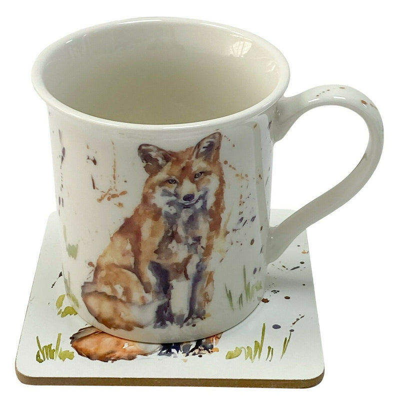 Set Of 4 Leonardo Fine China Large Mugs & Coaster Gift Set Country Fox Theme