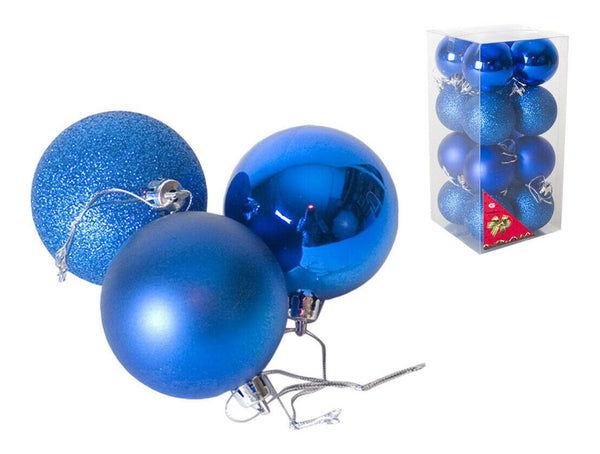 Blue Baubles 16 Pack Christmas Tree Decoration Assorted Shiny Matt Glitter 5cm