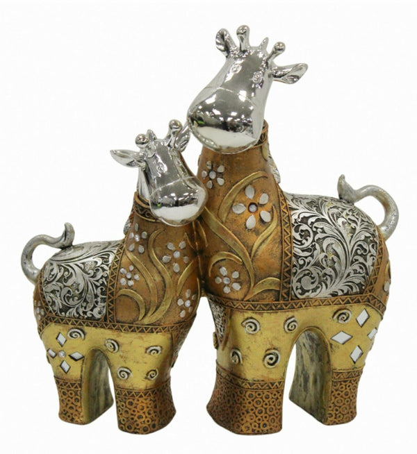 Gold And Silver Cow & Calf Figurine - Adult And Child Standing Resin Ornament