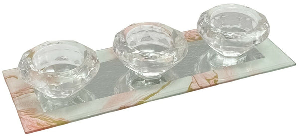 Triple Tealight Candle Holder Glass Mirrored Tea Light Holder Marble Design 25cm