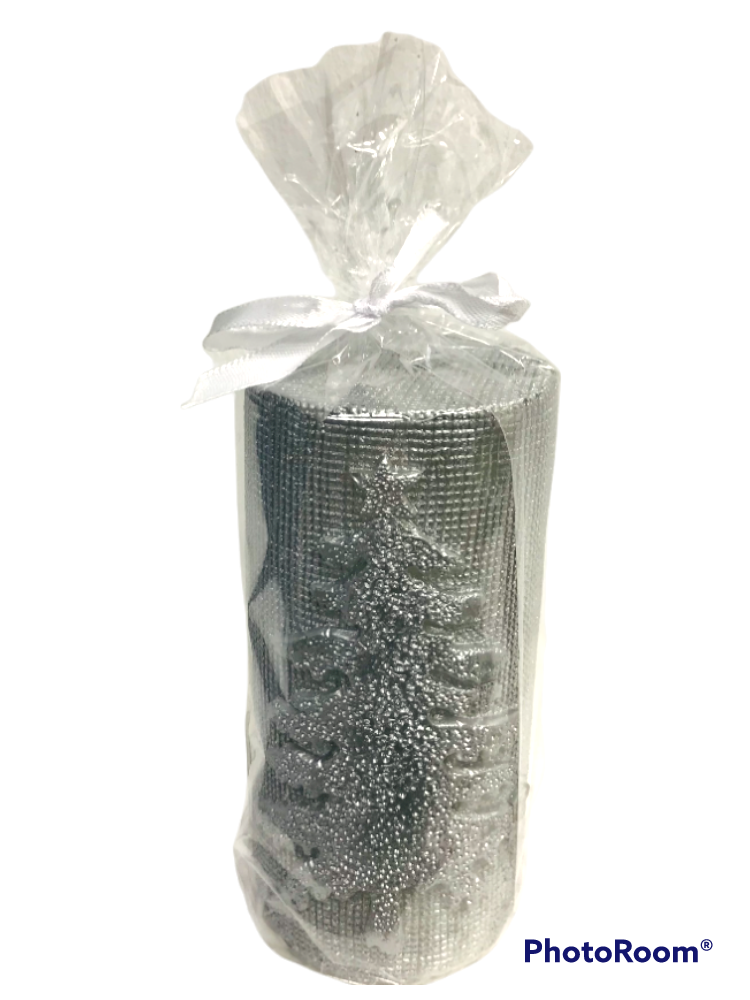 Set x 4 Christmas Tree Silver Pillar Candle 45 Hr Cylinder Textured Wax Candle