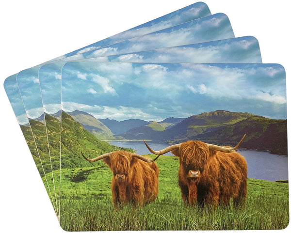 Set Of 4 Cork Back Placemats Highland Cow Design Non Slip Rectangle Table Mats