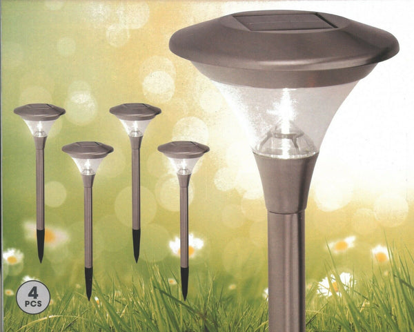 Set of 4 LED Solar Powered Lamps Grass Pathway Lights Spikes Stainless Steel