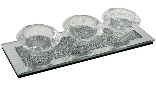 Crystal Glass Tea Light Candle Holder 3 Candle Mirrored Crushed Diamond Effect